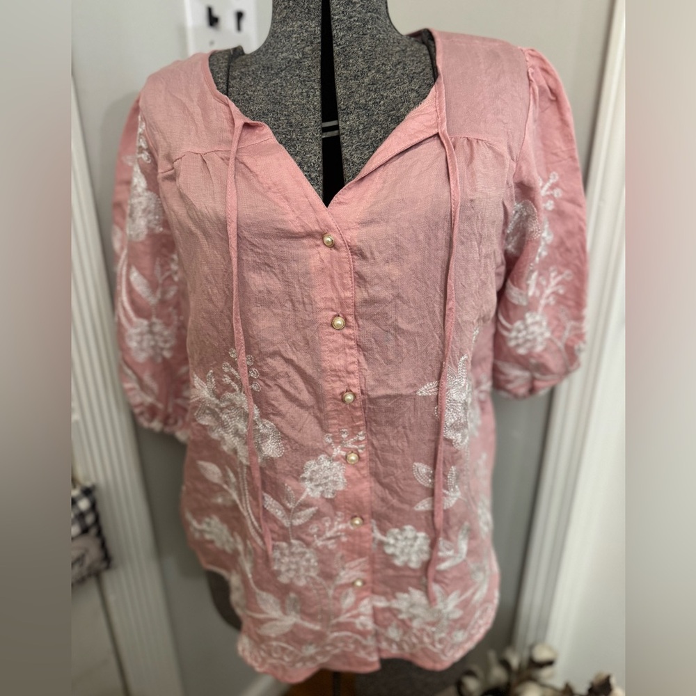 Women’s Pink and White Ana &Rose Embroidered Blouse with Pearl Buttons medium
